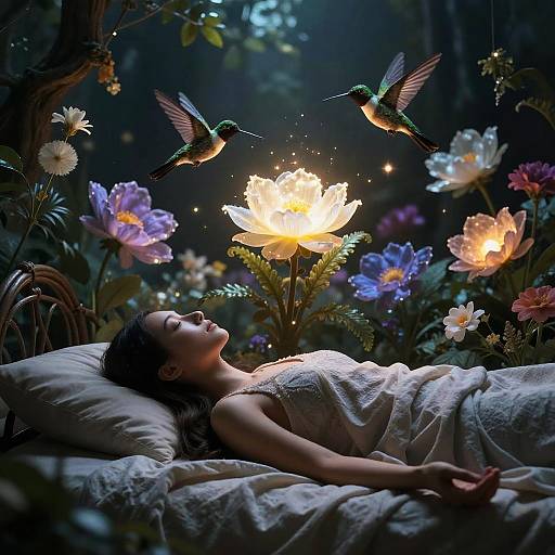Photograph of a serene woman lying on a pillow, surrounded by glowing flowers and two hummingbirds, illuminated by a bright lotus flower in a dark