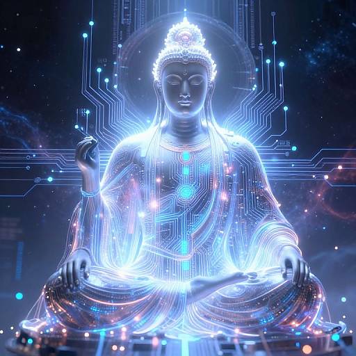 Digital artwork of a glowing, neon-blue Buddha statue with intricate circuit patterns, sitting cross-legged, eyes closed, hands in meditation pose, surrounded by bright