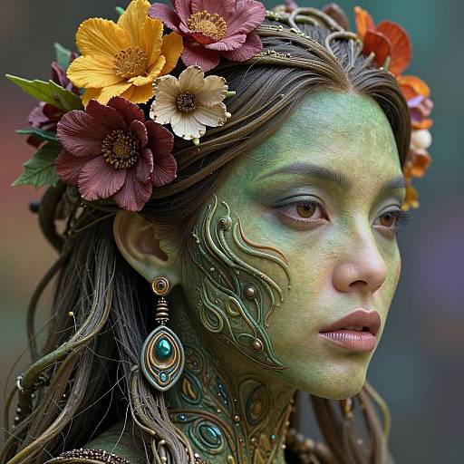Photorealistic digital artwork of a green-faced woman with intricate face paint, wearing a flower crown, ornate earrings, and detailed neck adornments,