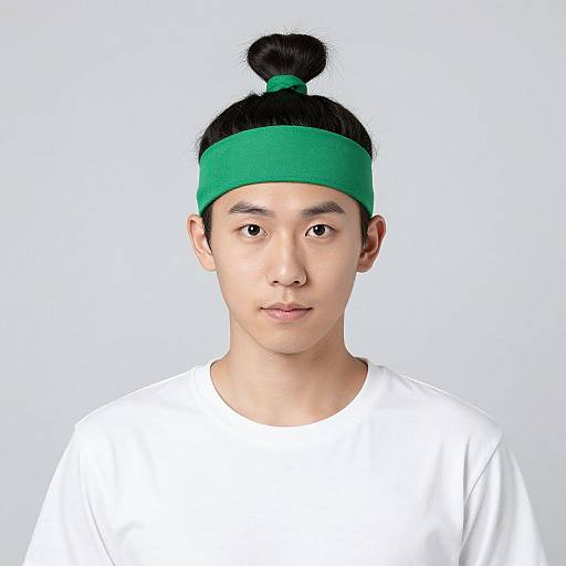 Photograph of an Asian man with fair skin, black hair in a topknot, wearing a green headband and white shirt, against a plain