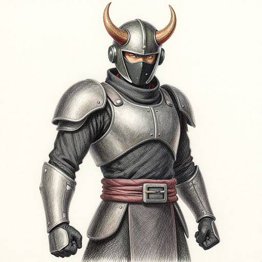 Digital drawing of a knight in silver armor with orange eyes, black mask, and red sash, featuring prominent horns.