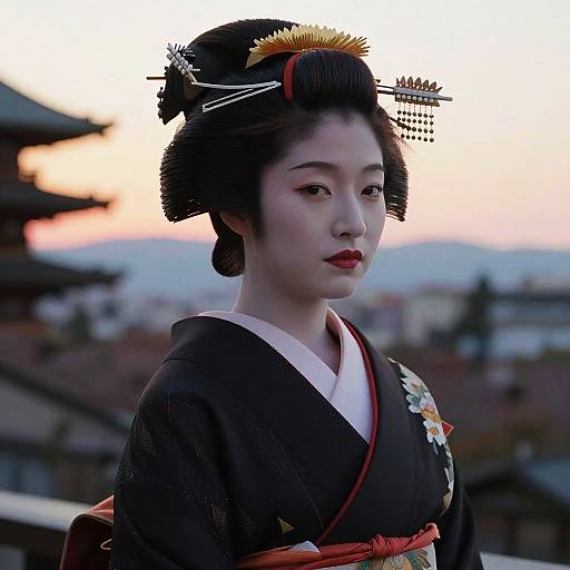 Photograph of a beautiful Japanese geisha with fair skin, red lipstick, black kimono, and intricate hair ornaments, against a sunset background.