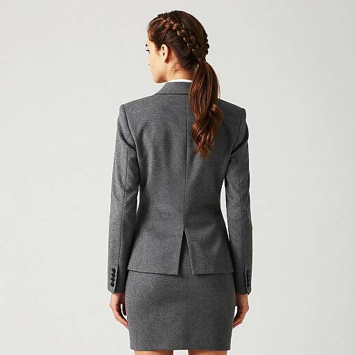 Photograph of a woman with braided ponytail, wearing a gray business suit, standing with her back to the camera against a white background.