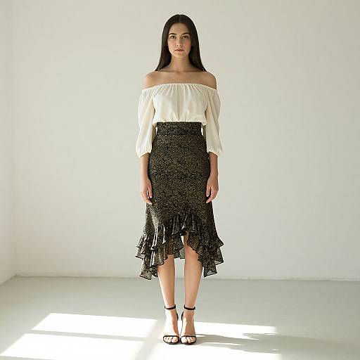 Photograph of a young woman with long black hair, wearing an off-shoulder white blouse and black, ruffled, knee-length skirt, standing