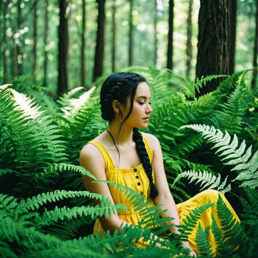 Woman in yellow dress sitting in forest ferns