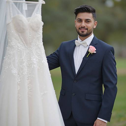 Photograph of a bearded South Asian groom in a black suit, white bow tie, and pink rose boutonniere, smiling, holding a