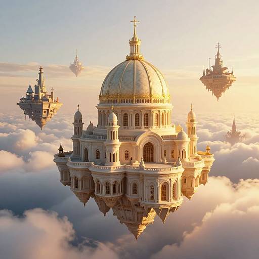 Photorealistic CGI: Floating, golden-domed, baroque-style church surrounded by clouds, with two floating, futuristic ships in the background, bath