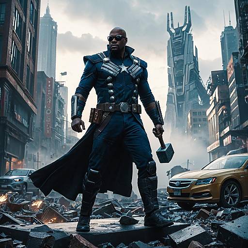Nick Fury Holding Thor's Hammer in Futuristic City Ruins