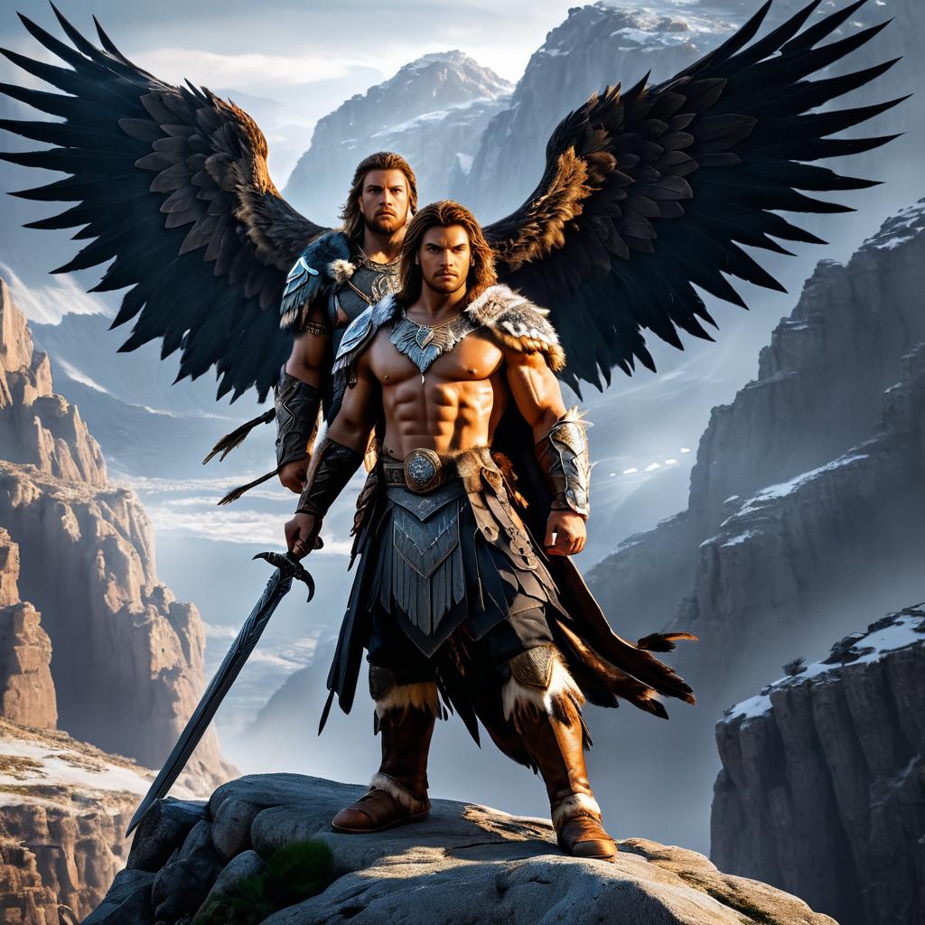 Fierce Warrior and Eagle in Mountains