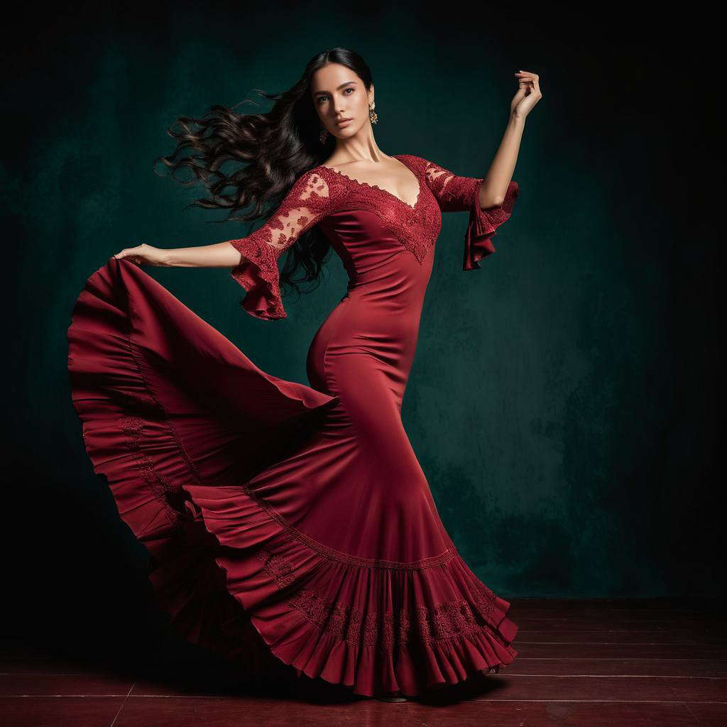 Elegant Spanish Woman in Flamenco Dress