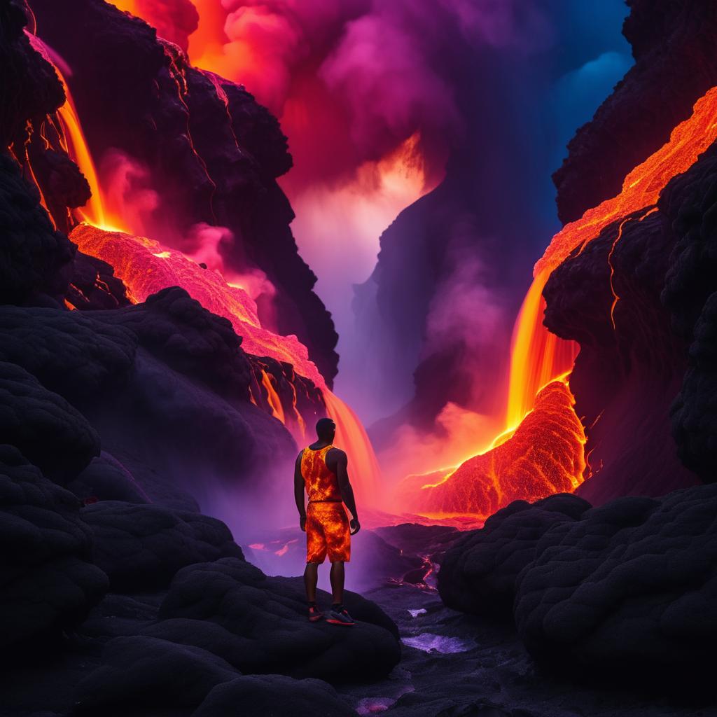 Surreal Man Amidst Fiery Eruptions