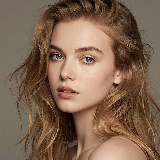 Close-up photograph of a young woman with fair skin, blue eyes, and wavy, light brown hair, looking slightly to the side against a neutral