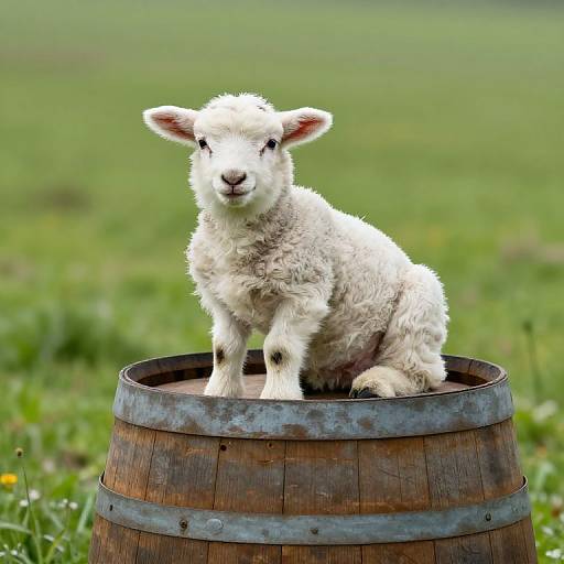 Young Lamb on Barrel in Meadow