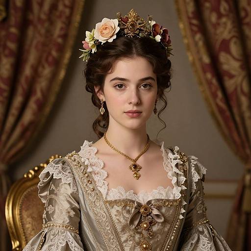 Photograph of a young woman with fair skin, dark curly hair, wearing a floral crown, lace-trimmed 18th-century gown, and