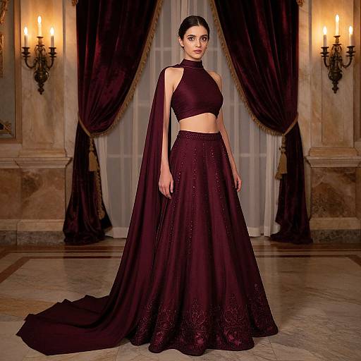 Photograph of a woman with dark hair in an elegant updo, wearing a black, sleeveless crop top and long, lace-embellished
