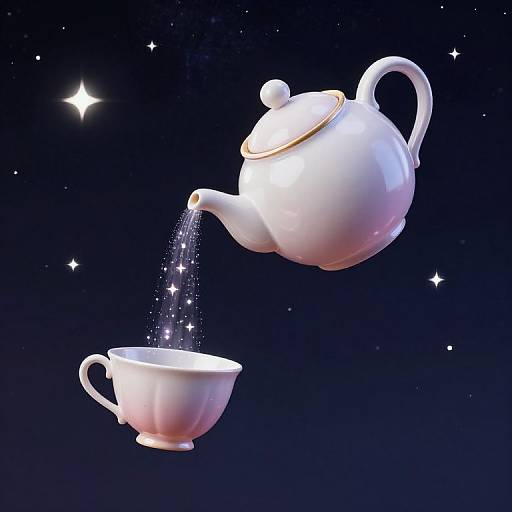 Digital illustration of a white teapot pouring sparkling water into a matching white teacup against a dark blue starry background.