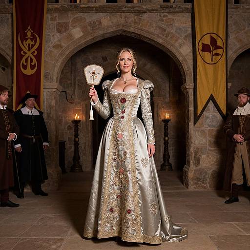 Photograph of a blonde woman with large breasts in an elaborate, gold-embroidered medieval gown, holding a fan, standing in a dimly
