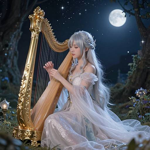 Photograph of a silver-haired, fair-skinned, elfin woman in a white, off-shoulder, sparkling dress playing a golden harp