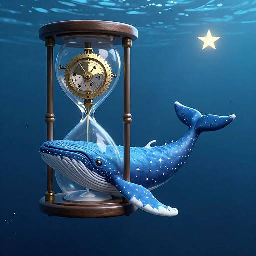 Digital artwork of a blue, starry whale swimming around a glass hourglass with a golden clock inside, against a deep blue underwater backdrop with a glowing