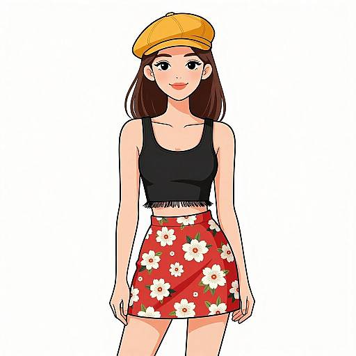 Digital anime-style drawing of a smiling young woman with fair skin, brown hair, wearing a yellow beret, black crop top, and red floral skirt