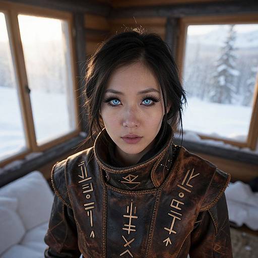 Digital artwork of an Asian woman with glowing blue eyes, wearing a brown, intricately embroidered medieval-style tunic, in a wooden cabin with snow outside