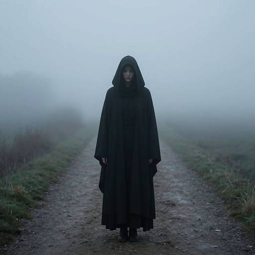 Photograph of a mysterious, cloaked figure with a hood, standing on a foggy, grassy path, shrouded in eerie, blue