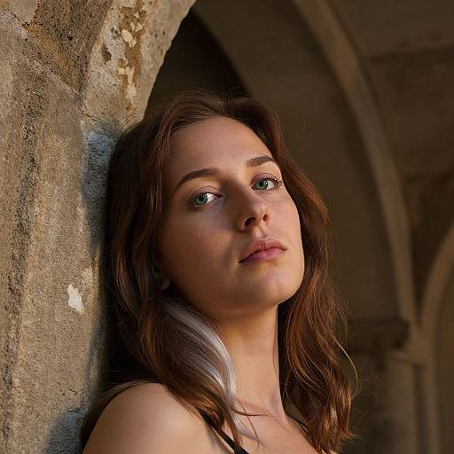 Photograph of a young woman with fair skin, brown wavy hair, and green eyes, leaning against a weathered stone arch, bathed in