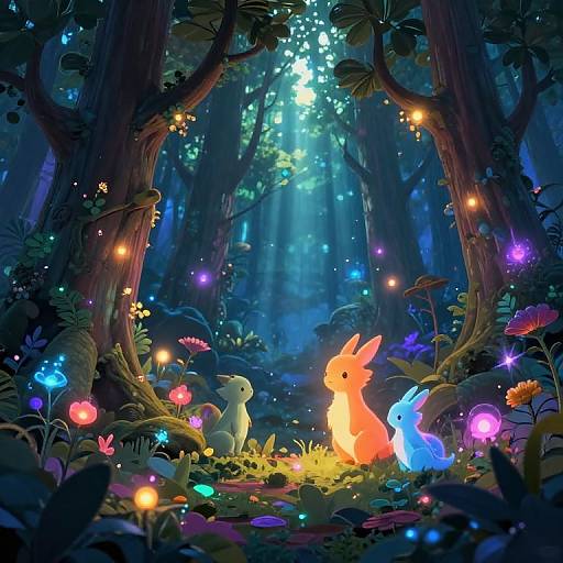 Whimsical forest illustration: three glowing, colorful rabbits (white, orange, blue) sit among vibrant, luminous flowers and fireflies, bath