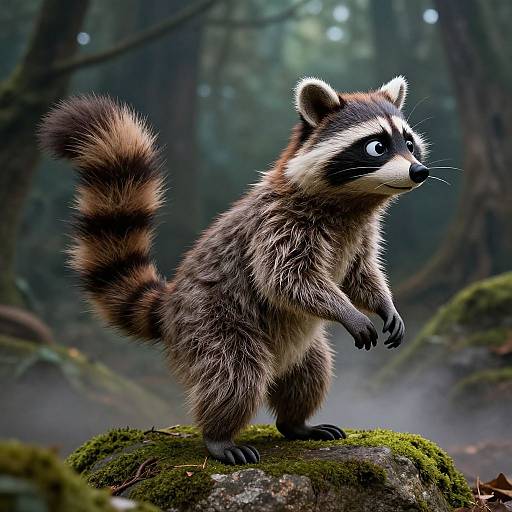 Photorealistic CGI of a cute, standing raccoon with a fluffy tail, black mask, and white eyebrows on a mossy rock in a mist