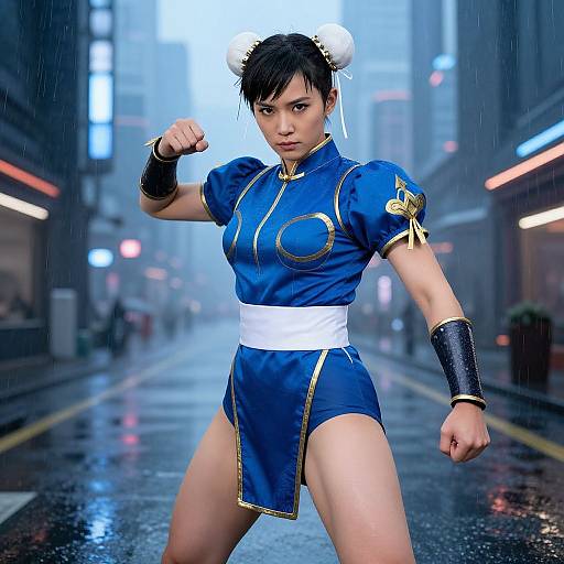 Digital art of Chun-Li in blue qipao, fighting stance, rain-soaked urban street, neon lights, misty background, determined expression