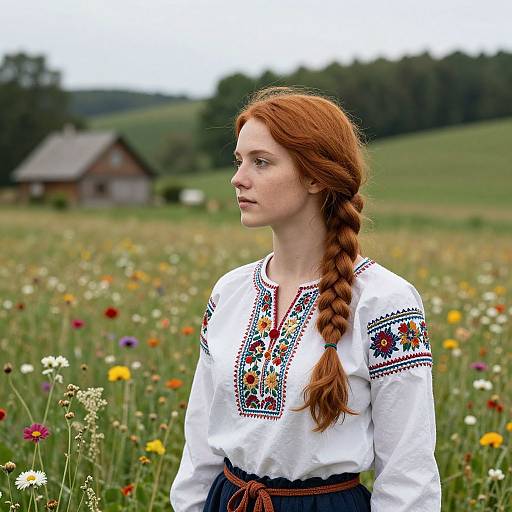 Serene Countryside with Red-Haired Woman