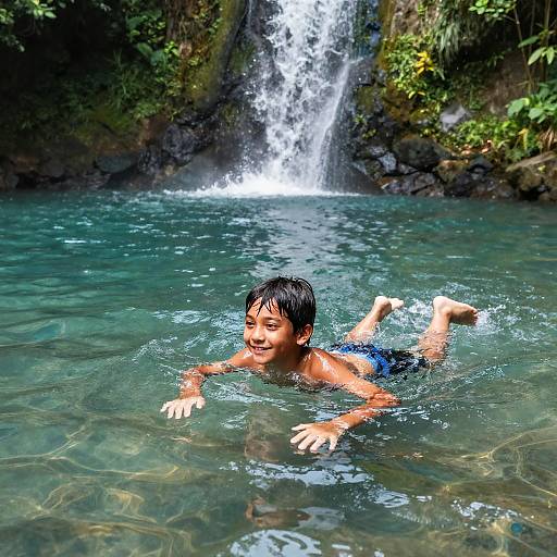 Smiling Boy Swimming by Hidden Waterfall
