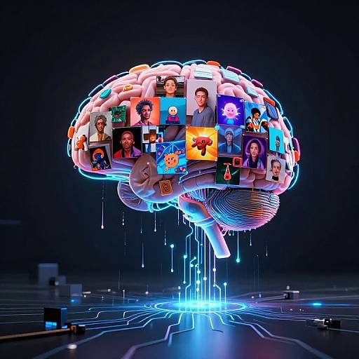 CGI image of a glowing, neon brain filled with colorful, pixelated portraits of diverse people against a dark, futuristic digital background. Blue neon lines