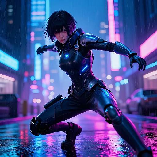 CGI cyberpunk scene: Dark-haired woman in black, glowing bodysuit, crouching in neon-lit, rainy city street, futuristic