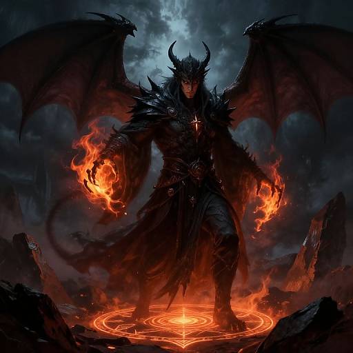 Digital artwork of a dark, demonic warrior with black armor, glowing red eyes, and large wings, standing on an orange, magical circle surrounded by fire
