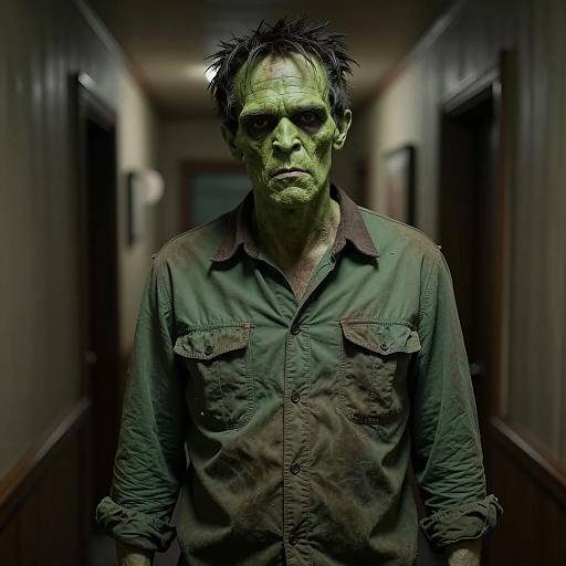 Eerie Zombie Portrait in Creepy Hallway