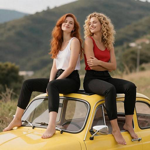 Playful Women on Vintage Car Rooftop