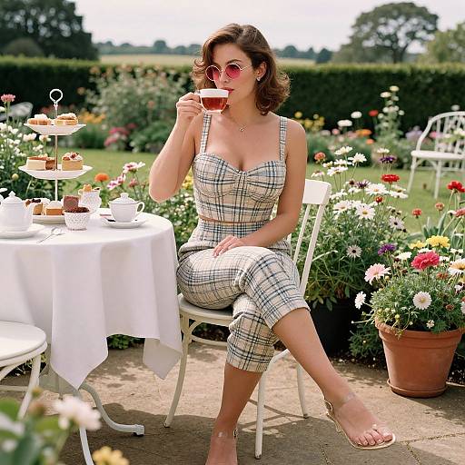 Photograph of a brunette woman in a plaid dress, pink sunglasses, and sandals, sipping tea at a garden table with cupcakes.