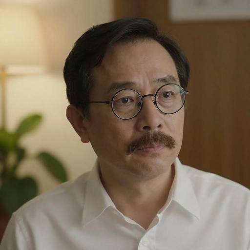 Middle-aged man with glasses and mustache indoors
