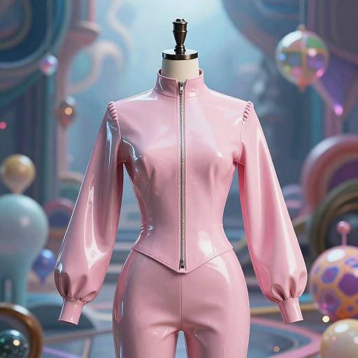 Photorealistic CGI of a glossy pink zip-up jumpsuit on a black mannequin torso, set in a colorful, futuristic, balloon-filled background