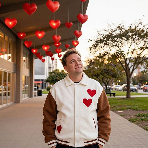 Man in Heart-Patterned Jacket Outdoors