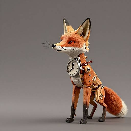 Digital 3D rendering of a mechanical fox with orange fur, metal joints, clock on chest, and red eyes, standing on a gray background.