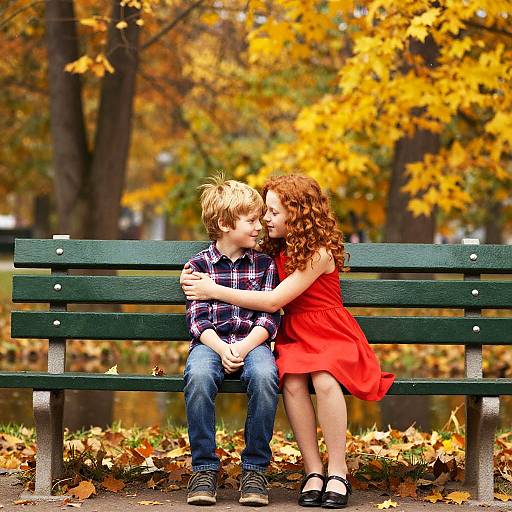 Children Embracing on Park Bench in Autumn