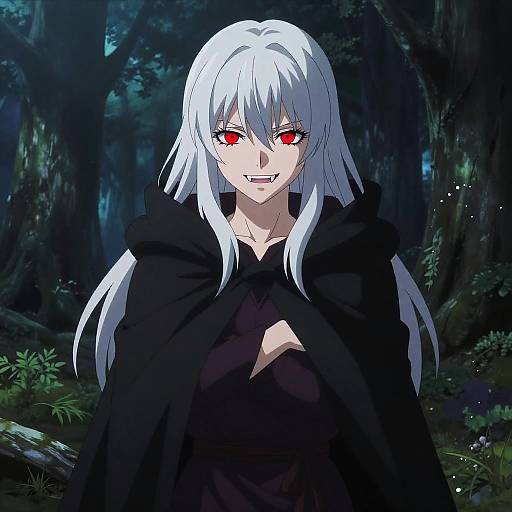 Anime-style digital drawing of a white-haired, red-eyed vampire woman with fangs, wearing a black cloak in a dark, forested night scene.