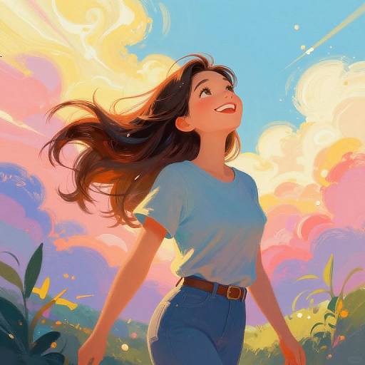 Digital painting of a smiling young woman with long brown hair, wearing a blue shirt and jeans, dancing in a colorful sunset field.