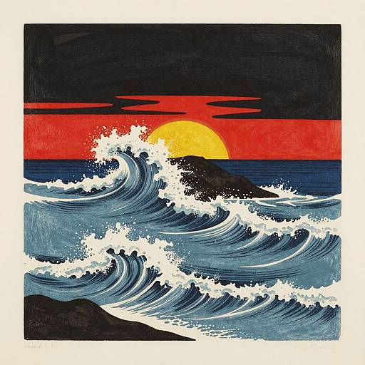 Abstract Chromolithography of Icy Waves at Sunset