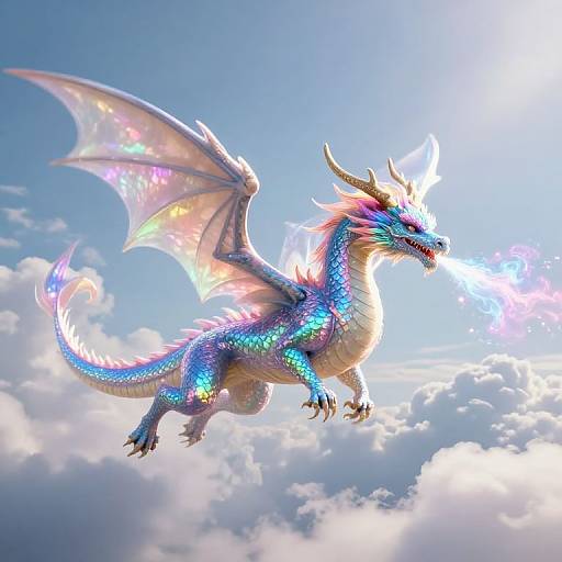 Digital artwork of a radiant, iridescent dragon with glowing blue scales, pink and purple highlights, and large, translucent wings, breathing a bright,