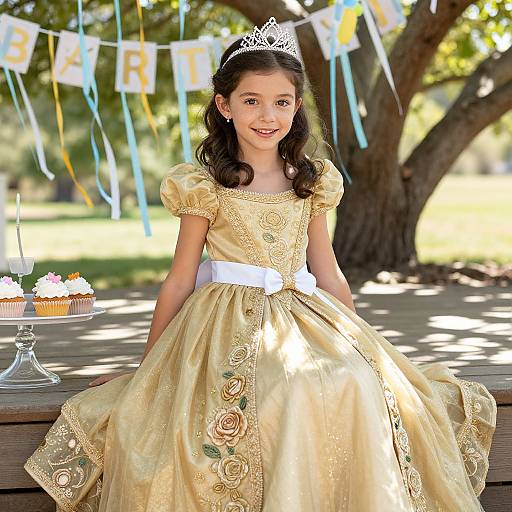 Photograph of a young girl with brown hair, wearing a golden princess dress with white sash and tiara, sitting outdoors on a wooden bench,