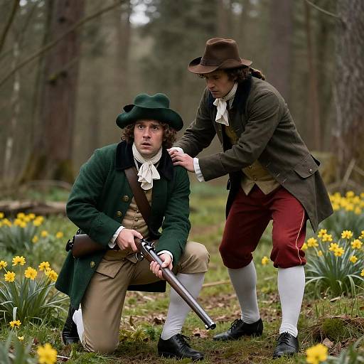 Two Alarmed Men in 18th-Century Forest