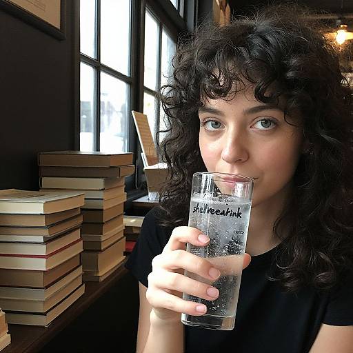 Photograph of a curly-haired woman with fair skin, blue eyes, drinking water from a glass in a dimly lit bookstore with stacks of books and
